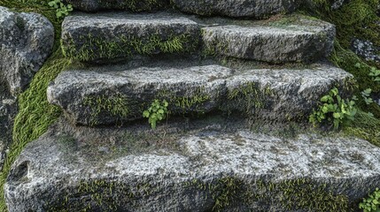 Ancient stone steps covered in lush green moss leading to a hidden forest path at dawn