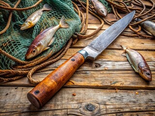 A rusty fishing knife with a worn wooden handle lies on a weathered wooden dock, surrounded by fishing nets and scattered fish scales.