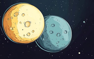 Dreamy White and Yellow Moons Cartoon Illustration on Dark Background - Detailed Vector Art with Vibrant Colors