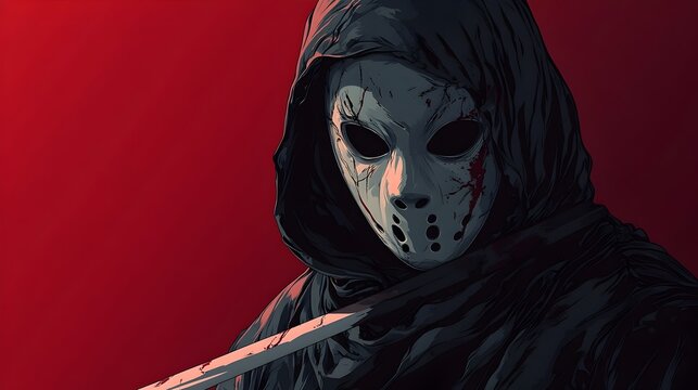 Frightening Masked Slasher in Flat Design on Dark Red Background
