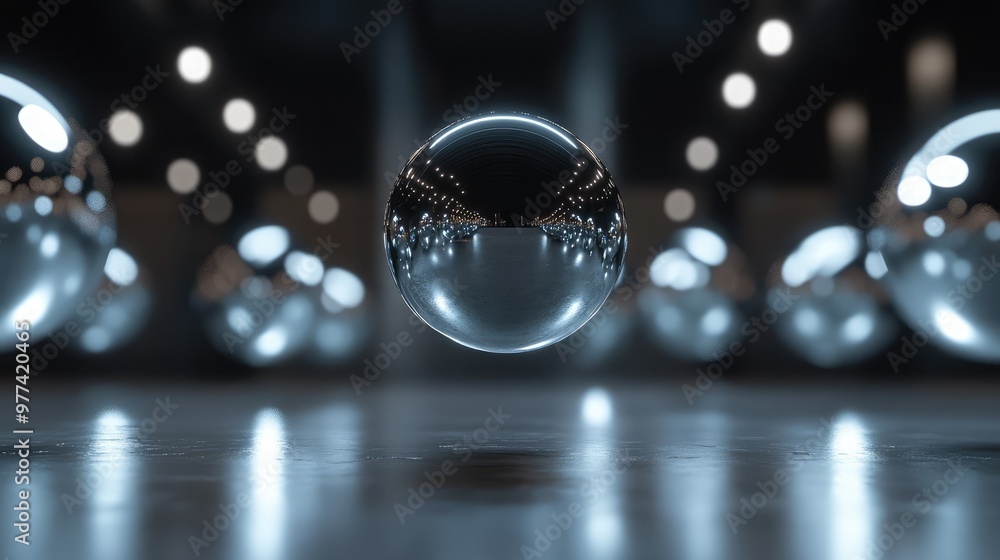 Poster floating metallic spheres casting subtle reflections in an empty, dark space.