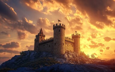 Majestic Bronze-Curved Castle in Sunset Glow - Minimalistic 3D Render with Warm Light Effects