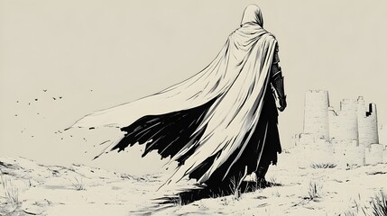 Mysterious Cloaked Knight Stands Before Looming Castle in Minimalistic Line Drawing Style