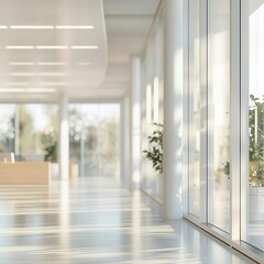 Stylish, blurred background of a spacious office with expansive windows and soft, natural lighting