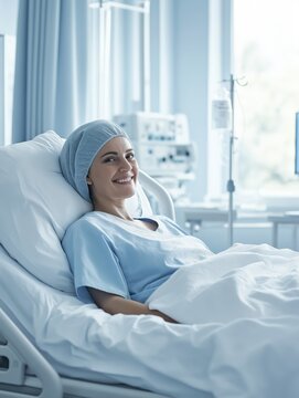  Happy patient sitting in hospital room bed 