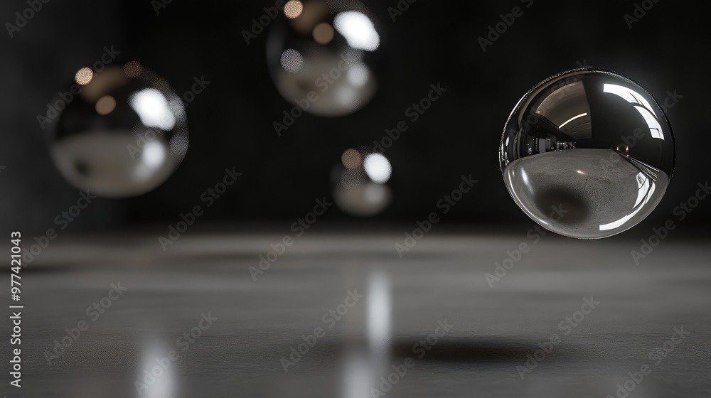 Poster floating metallic spheres casting subtle reflections in an empty, dark space.