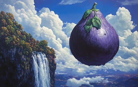 Enigmatic Giant Fig in Heavenly Setting - Surreal Fantasy Artwork with Waterfall and Clouds in Vibrant Colors