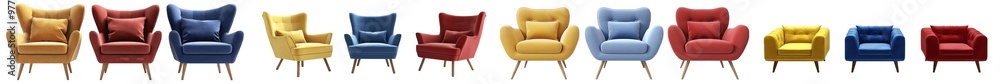 Poster set of red, blue, and yellow retro vantage armchairs and single sofas isolated on a transparent back