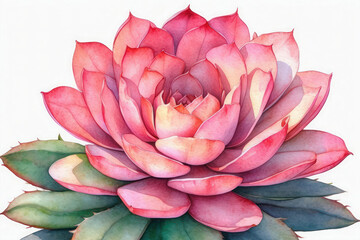 Watercolor painting of pink flower with green stem. Textured watercolor cactus flower, cute tropical plant.