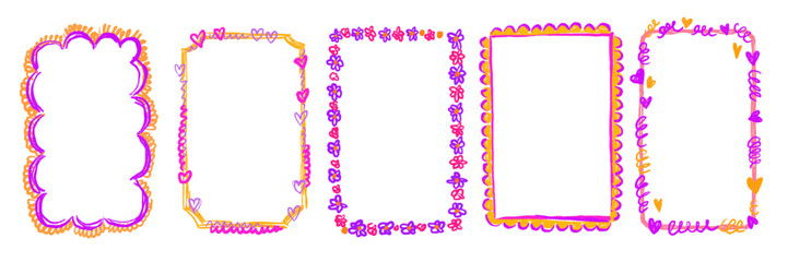 Doodle kids frame set, scribble hand drawn border, vector school album photo decoration crayon line. Cute color pencil blank rectangle wavy texture greeting collage card. Kids frame print collection