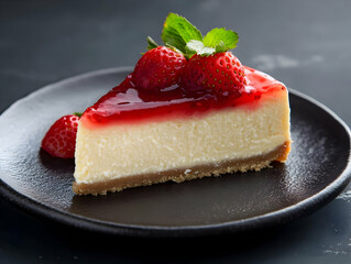 Delicious cheesecake topped with fresh strawberries and a glossy red glaze, served on a sleek black plate.
