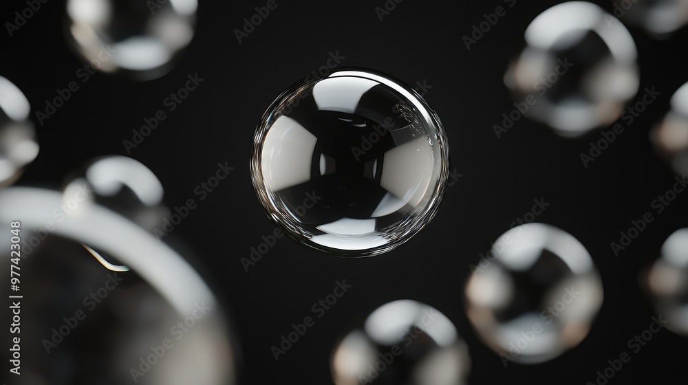 Poster floating translucent spheres casting soft reflections on a matte, black background.