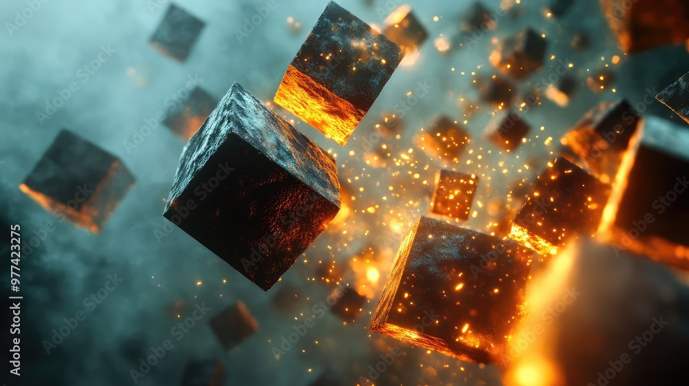 Poster fragmented cubes disintegrating into glowing particles, suspended in a void.