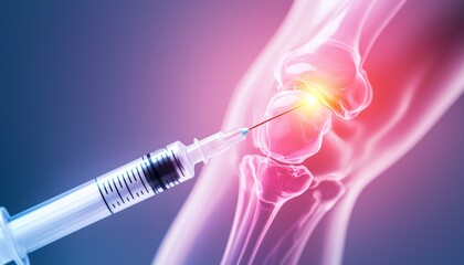 A close-up of a syringe injecting a bright liquid into a stylized, transparent knee joint, showing the impact of the injection on reducing inflammation
