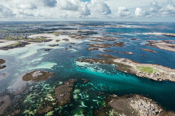 Aerial view of the rocky islands along Brittany coastline