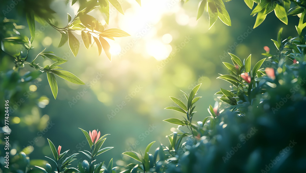 Poster a serene view of lush greenery bathed in soft sunlight, creating an enchanting natural atmosphere fi