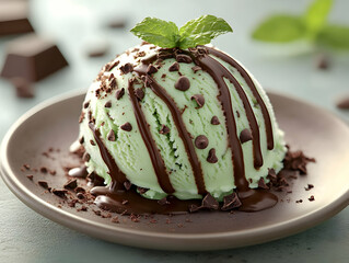 A delicious scoop of mint chocolate chip ice cream drizzled with chocolate sauce, garnished with fresh mint on a plate.