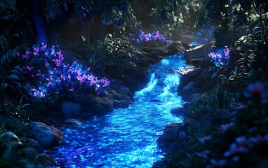 Mystical Blue Stream in Enchanted Grove with Luminous Flora - Cinematic Fantasy Landscape in Photorealistic Style