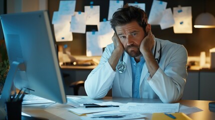 Overworked Doctor in White Coat Stressed with Paperwork at Desk