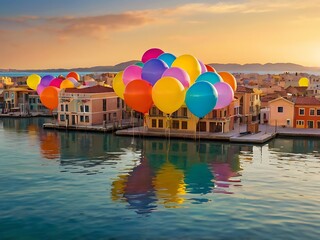 Fototapeta premium City Made of Colorful Balloons Floating Above Calm Ocean