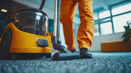 Fototapeta premium Professional janitor using a vacuum cleaner to clean a carpet, showcasing the importance of cleanliness and care in a clean workspace.