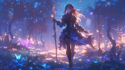 Fototapeta premium Enigmatic Anime Elf Sorceress in Glowing Armor Conjuring Spell in Enchanted Forest with Magical Runes Fantasy Magic and Mystery Concept
