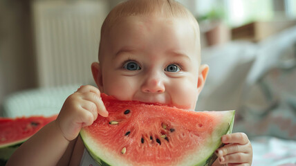 Happy baby eats watermelon