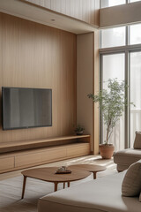 a serene living room corner in a small, minimal apartment, featuring a sofa, TV counter, and bookshelf, all while embracing Wabi-Sabi Japandi design principles