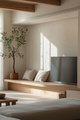 a serene living room corner in a small, minimal apartment, featuring a sofa, TV counter, and bookshelf, all while embracing Wabi-Sabi Japandi design principles