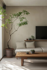 a serene living room corner in a small, minimal apartment, featuring a sofa, TV counter, and bookshelf, all while embracing Wabi-Sabi Japandi design principles