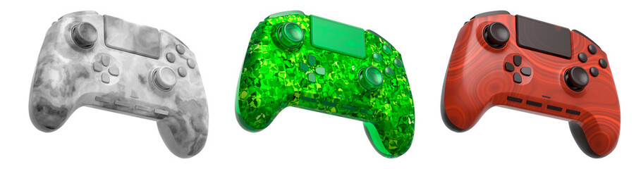 Collection of gaming controllers with different colors and designs for gaming enthusiasts isolated on white background with clipping path © Vasyl Onyskiv