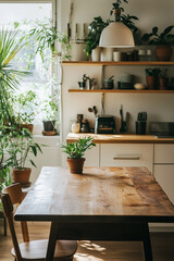 a serene and visually appealing kitchen corner in an apartment, blending Japandi style with practicality, and incorporating the dining table seamlessly into the space.