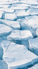Cracked ice formations glisten under sunlight on a tranquil arctic water surface