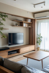 Fototapeta premium a serene living room corner in a small, minimal apartment, featuring a sofa, TV counter, and bookshelf, all while embracing Wabi-Sabi Japandi design principles