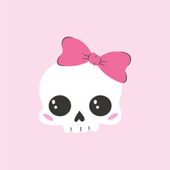 Cute skull with pink bow. Coquette Halloween design. 