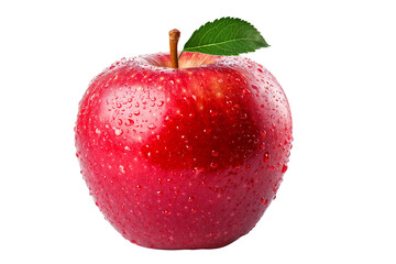 A fresh red apple with a stem a leaf and water droplets on it. isolated on transparent background, cutout . PNG