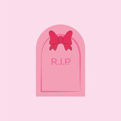 Pink tombstone with a bow. Coquette halloween design. 