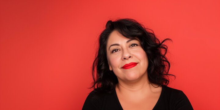 Portrait of mature average woman with red lipstick smiling with red background
