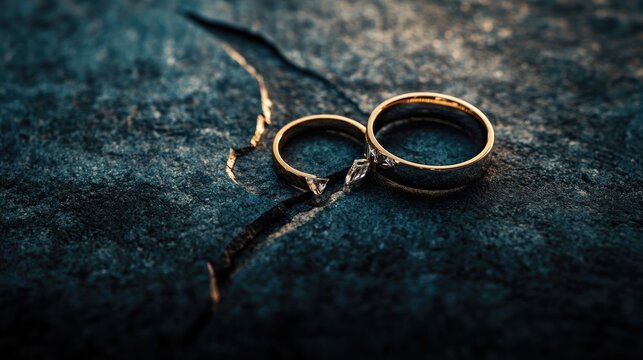 Two broken wedding rings placed apart on a dark background, representing the end of a relationship and the emotional journey of divorce.