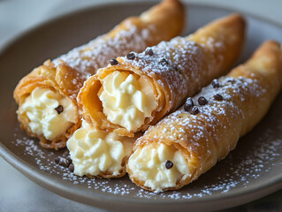 Delicious cream-filled pastries dusted with powdered sugar, perfect for dessert lovers seeking sweet indulgence.
