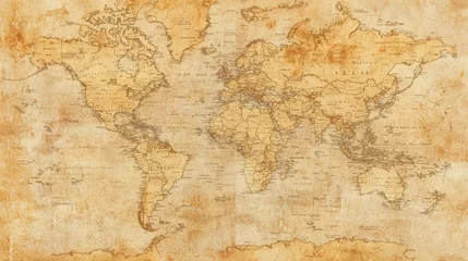 Plexiglas schilderij Verweerde muur A vintage world map showcasing intricate details of continents and oceans in warm tones  © Mykhailo Podolian