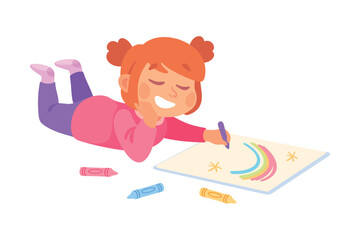 Little Girl Drawing Pictures with Color Pencil on Paper Vector Illustration