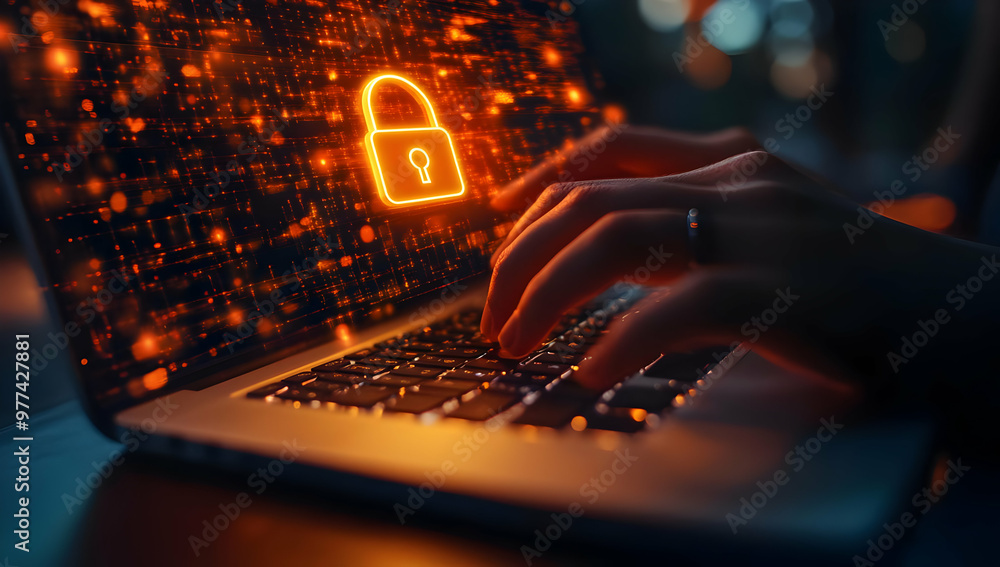 Poster a person using a laptop with a glowing lock symbol, representing digital security and online protect