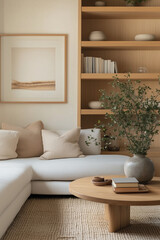 a serene living room corner in a small, minimal apartment, featuring a sofa, TV counter, and bookshelf, all while embracing Wabi-Sabi Japandi design principles