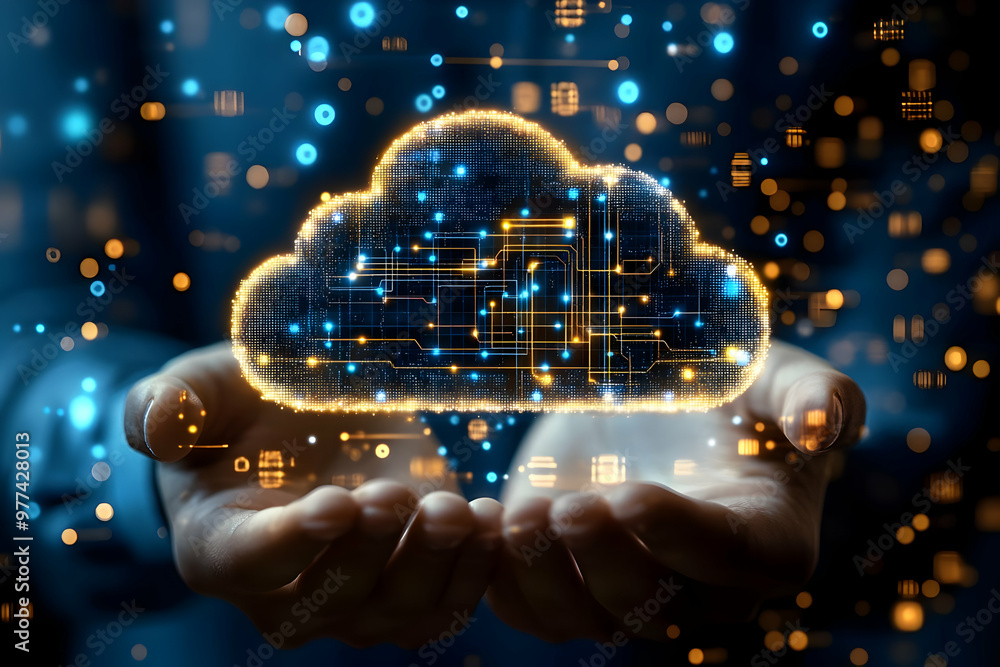 Poster a digital cloud symbol representing data storage and technology, held in hands, symbolizing innovati