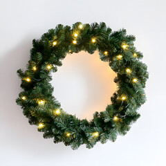 A festive Christmas wreath of lush pine branches adorned with glowing lights isolated on white background 