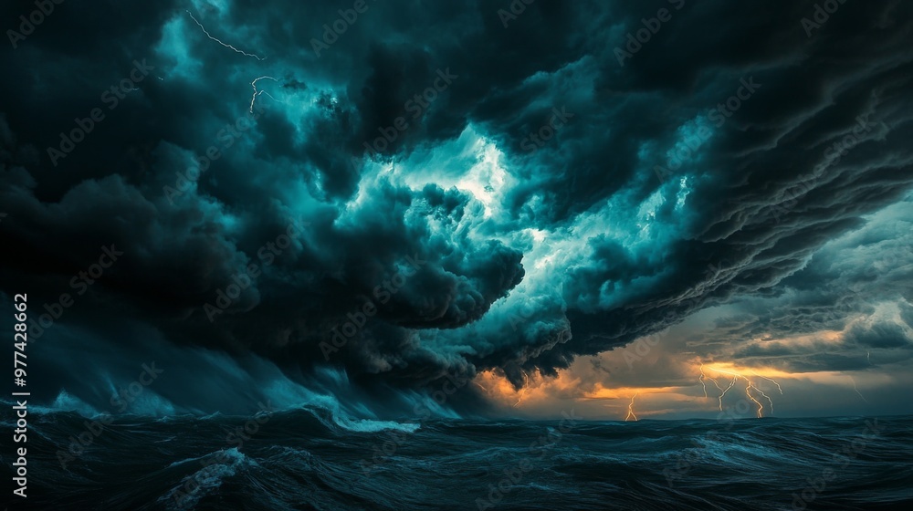 Poster a dramatic image of a powerful storm brewing over the ocean, with dark, swirling clouds and lightnin