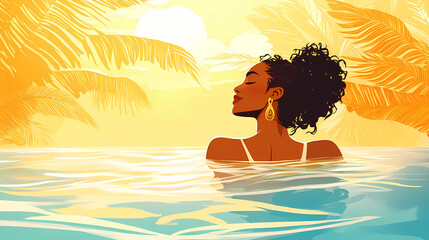 Tranquil pool bliss happy woman exuding joy and elegance. Golden Hour. Illustration