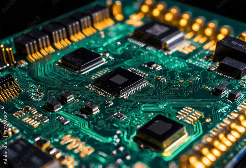 Poster close-up circuit board with intricate details and glowing paths