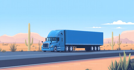 Blue Semi-Truck Driving on Desert Highway with Cacti and Mountain Background Design